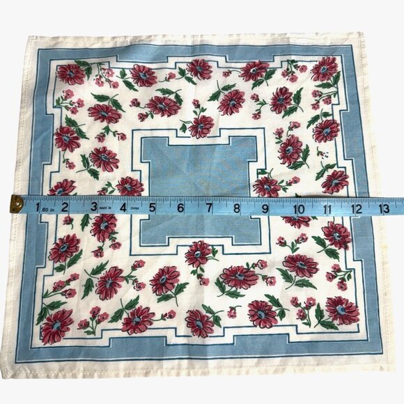 Cotton handkerchief hankie 13 in. by 12-1/4 in. White, Blue with Pink Flowers - Picture 3 of 9